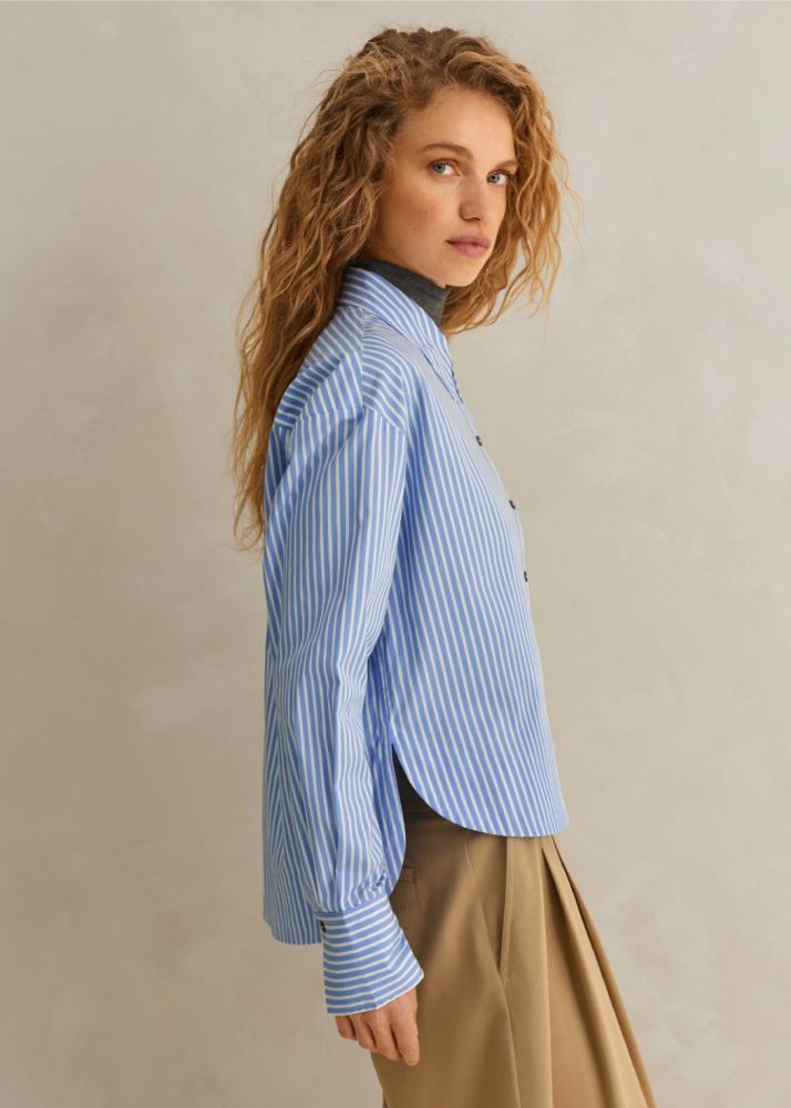 ME+EM Cotton Stripe Dipped Hem Crop Shirt