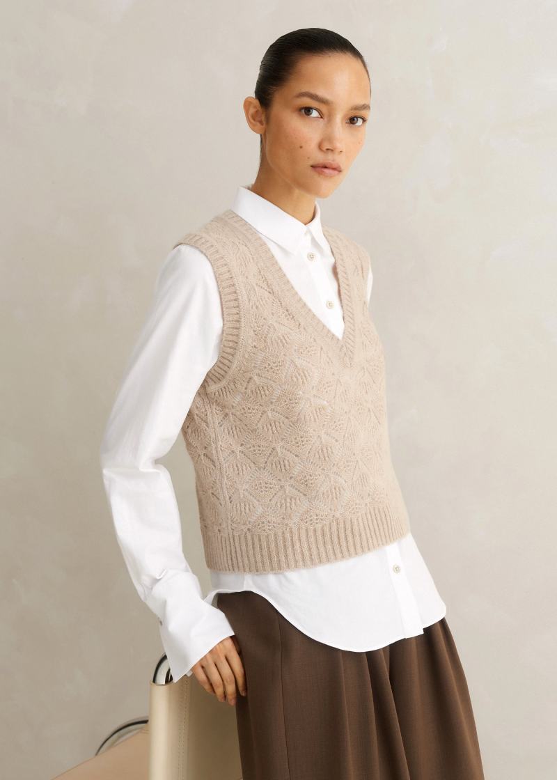 ME+EM Merino Cashmere Silk Lace Stitch V-Neck Vest